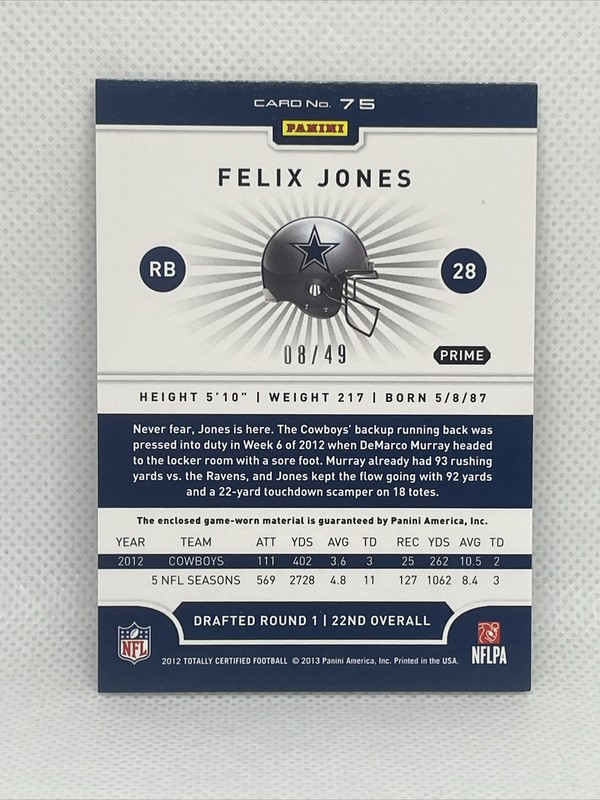 2012 FELIX JONES PANINI CERTIFIED #75 GOLD MATERIALS #D/49 GAME USED JERSEY CARD view 2