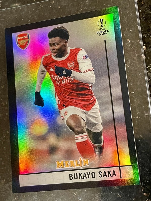 2020-21 Topps Merlin Chrome UEFA UCL Bukayo Saka Black /15 Rookie RC view 2