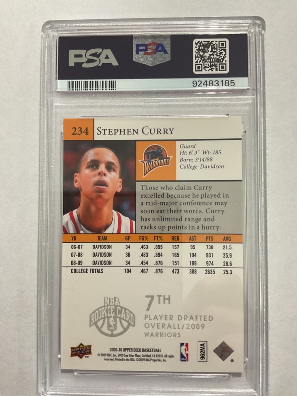 2009 Upper Deck #234 Stephen Curry Rookie Card PSA 9 MINT view 2