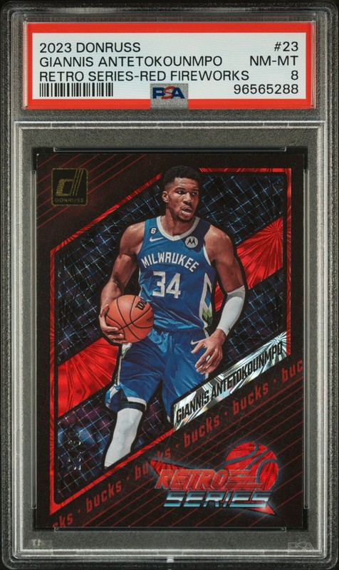 2023-24 Donruss- Giannis Antetokounmpo- Retro Series Red Fireworks /25 PSA8