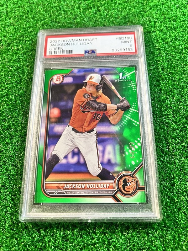 2022 Bowman Draft Sapphire JACKSON HOLLIDAY 1st Bowman Green /99 Orioles PSA 9 view 1