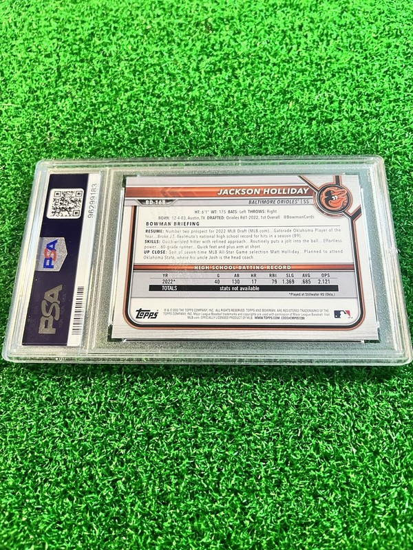 2022 Bowman Draft Sapphire JACKSON HOLLIDAY 1st Bowman Green /99 Orioles PSA 9 view 2