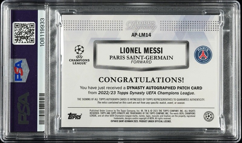 2022 Topps Dynasty UEFA Champions League Lionel Messi Patch Auto (6/10) PSA 9 view 2