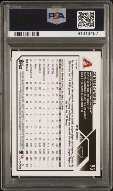 2023 TOPPS CHROME REFRACTOR #95 CORBIN CARROLL ROOKIE RC PSA 10 view 2