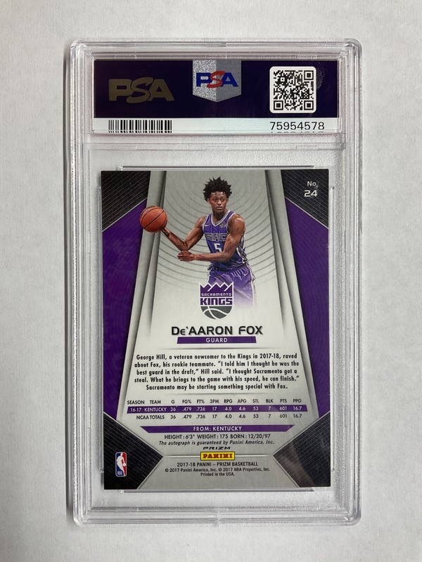 De’Aaron Fox 2017-18 Prizm Silver Auto Rookie RC PSA 9 MINT Spurs Wembanyama view 2