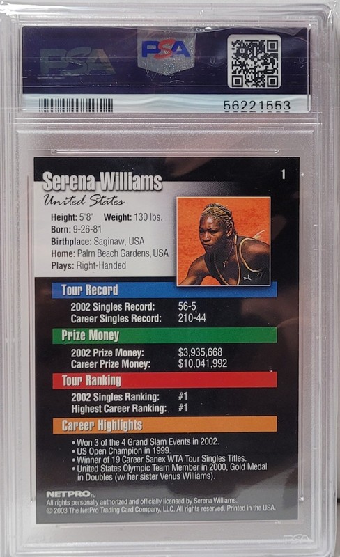 2003 Netpro Serena Williams #1 PSA 10 Rookie Card view 2