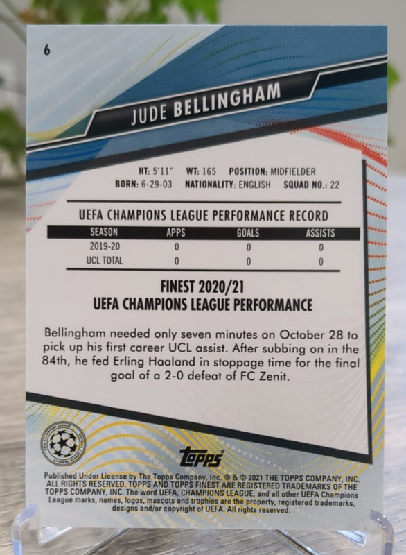 2020-21 Topps Finest UEFA UCL #6 Jude Bellingham RC Rookie view 2