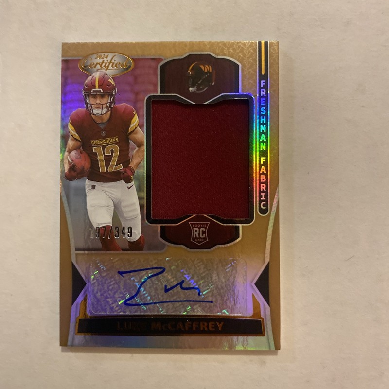 Luke McCaffrey . 2024 Panini Certified - FMS-LMY Bronze /349 auto patch number view 2