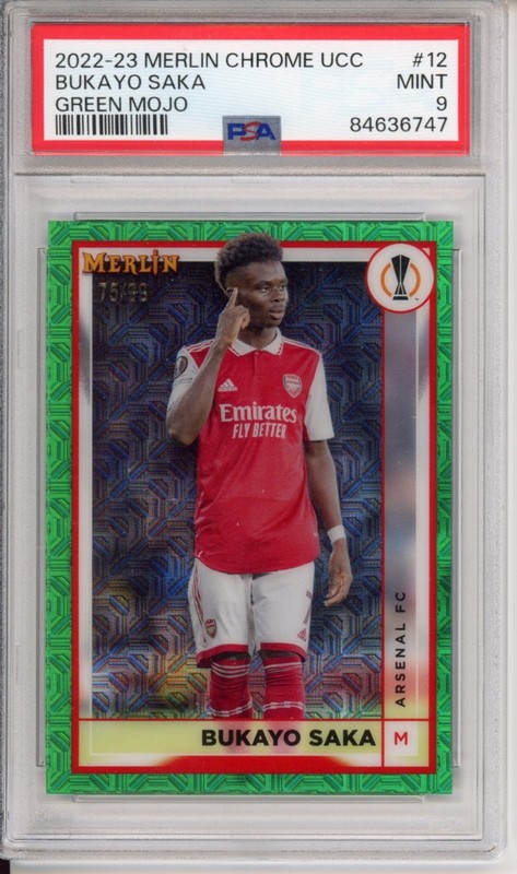 Bukayo Saka 2022-23 Topps Merlin Green Mojo Refractor 75/99 PSA 9