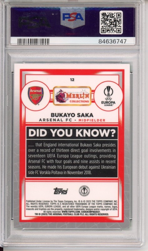 Bukayo Saka 2022-23 Topps Merlin Green Mojo Refractor 75/99 PSA 9 view 2
