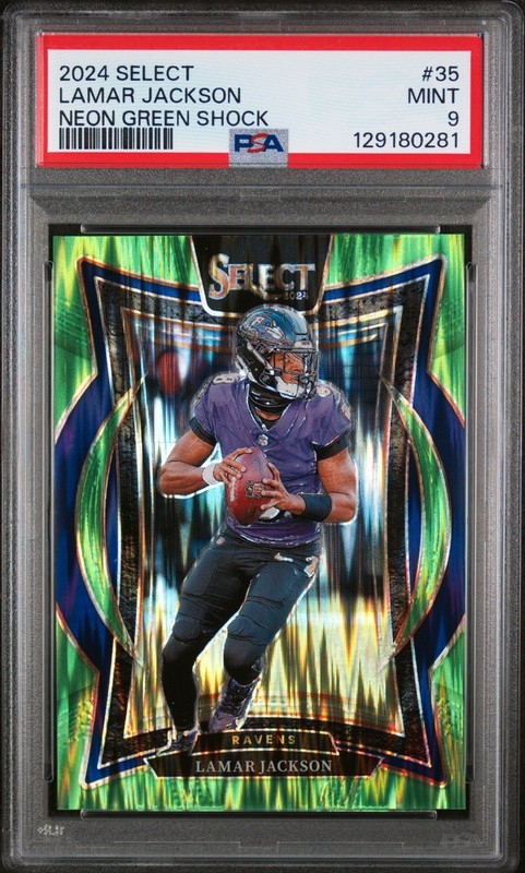 LAMAR JACKSON /599 NEON GREEN SHOCK PRIZM #35 2024-25 PANINI SELECT PSA 9 MINT