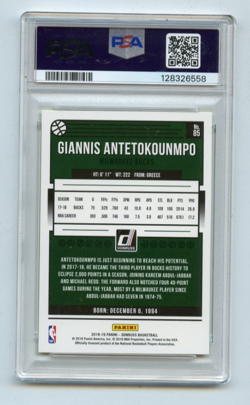 2018 Panini Donruss GIANNIS ANTETOKOUNMPO Yellow Flood PSA 10 #85  POP 5 view 2