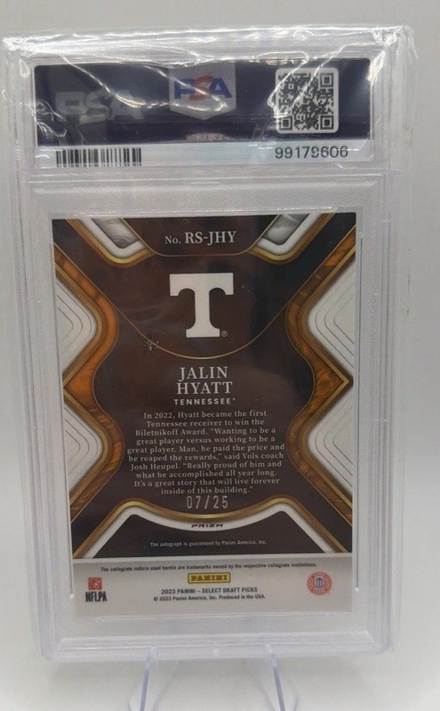 2023 Select Draft Picks Jalin Hyatt Auto /25 White Prizm PSA 8 view 2