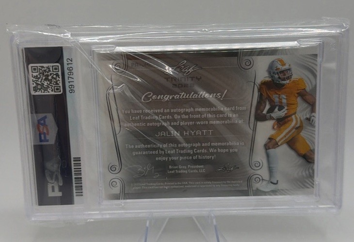 2023 Leaf Trinity Jalin Hyatt /15 PAJH2 Game Worn Patch Auto PSA 9 view 2