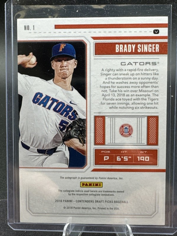 2018 Panini Contenders Draft Picks Ticket RPS Variation Brady Singer #1 Auto view 2