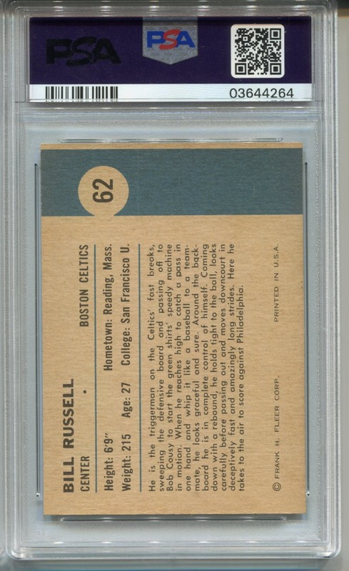 1961 Fleer Bill Russell Card PSA 7 Nr MINT Graded Basketball #62 view 2