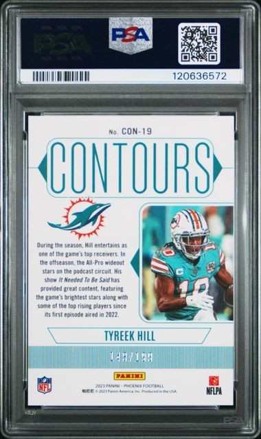 Tyreek Hill 2023 Panini Phoenix Contours Red SP /199 PSA 9 #CON19 Dolphins view 2