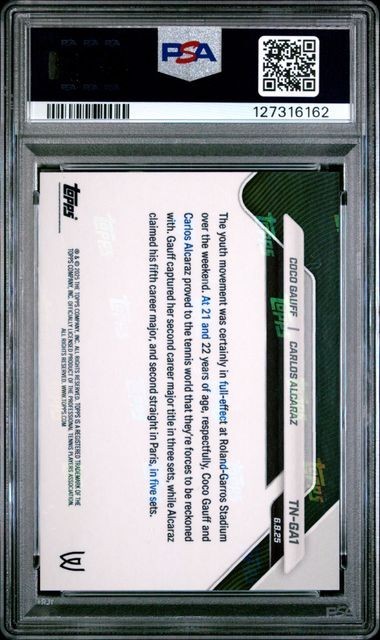 2025 Topps Now Gold Foil 40/50 Coco Gauff Carlos Alcaraz #TN-GA1 PSA 9 MINT view 2