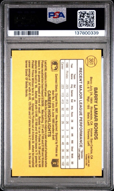 1987 Donruss Barry Bonds RC #361 PSA 9 MINT Pittsburgh Pirates view 2