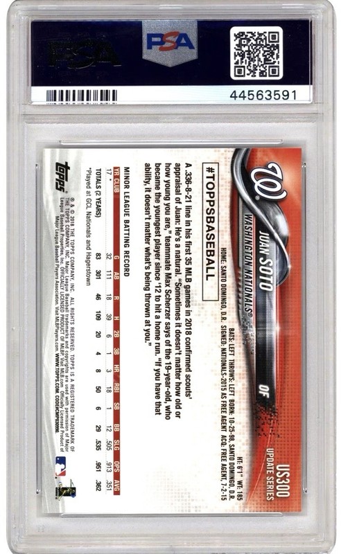 2018 Topps Update Series - Juan Soto #US300 Vertical, Blue Jersey (RC) PSA 10 view 2