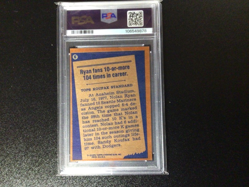 Nolan Ryan 1978 Topps baseball card #6 '77 Record Breaker Angels MLB HOF PSA 8 view 2