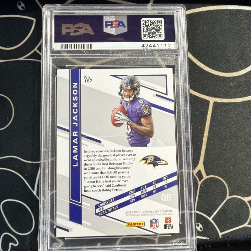2018 Panini Donruss Elite Lamar Jackson Rookie #167 PSA 10 Gem /699 RC Ravens view 2