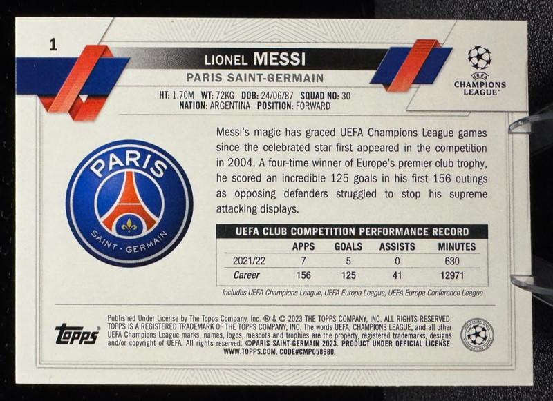 2022-23 Topps UEFA Club Competitions Carnaval #1 Lionel Messi PSG view 2