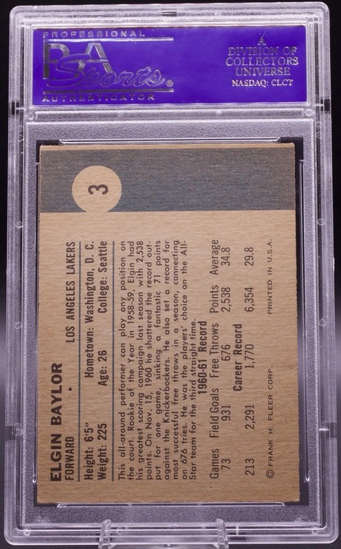 1961 Fleer #3 Elgin Baylor Lakers HOF RC PSA 6 EX-MT (OC) Vintage Basketball view 2
