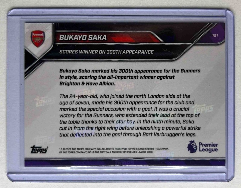 Bukayo Saka 2025-26 Premier League Topps Now #151 Arsenal PR: 1623 view 2