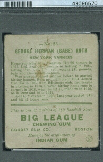 1933 Goudey 53 Babe Ruth PSA 1 (6570) view 2