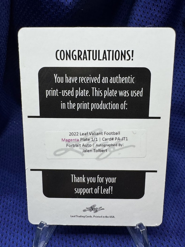 Jalen Tolbert - AUTO - #1/1 - MAGENTA PLATE - 2022 Leaf Valiant - PA-JT1 view 2