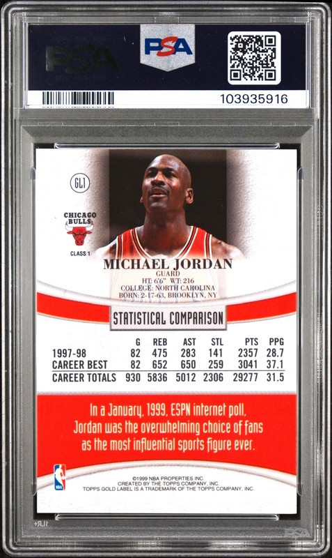 Michael Jordan RAINBOW FOIL REFRACTOR TOPPS GOLD LABEL PSA 9 view 2