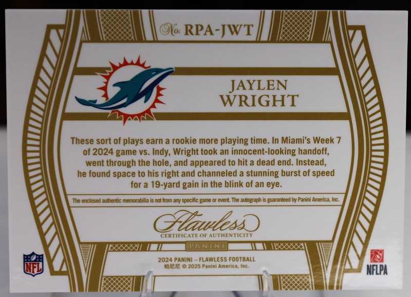 2024 Panini Flawless Jaylen Wright RC RPA Rookie Three Color Patch Auto /6 MEM view 2