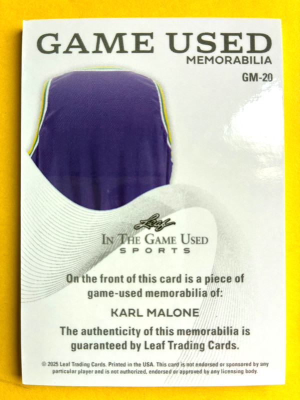 2025 Leaf ITG Used Platinum Holo #20 Karl Malone Game Used Jersey Card #14/15 view 2