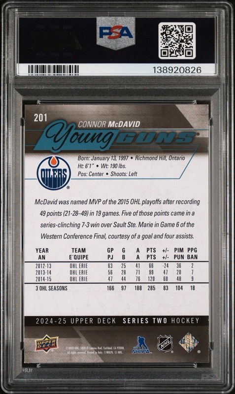 Connor McDavid YOUNG GUNS RENEWED PSA 9 MINT 2024 UPPER DECK #201 CARD NHL view 2