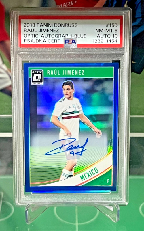 2018-19 Panini Donruss #150 Optic Raul Jimenez Blue Prizm /99 PSA 8 Auto 10