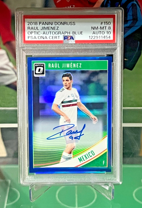 2018-19 Panini Donruss #150 Optic Raul Jimenez Blue Prizm /99 PSA 8 Auto 10 view 2