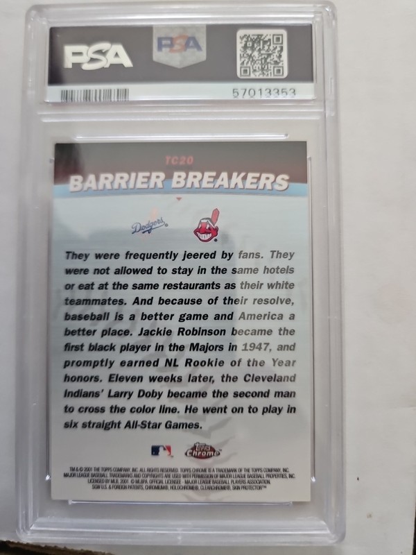 2001 Topps Chrome Combos Jackie Robinson, Larry Doby Refractor #TC20 PSA 8 view 2