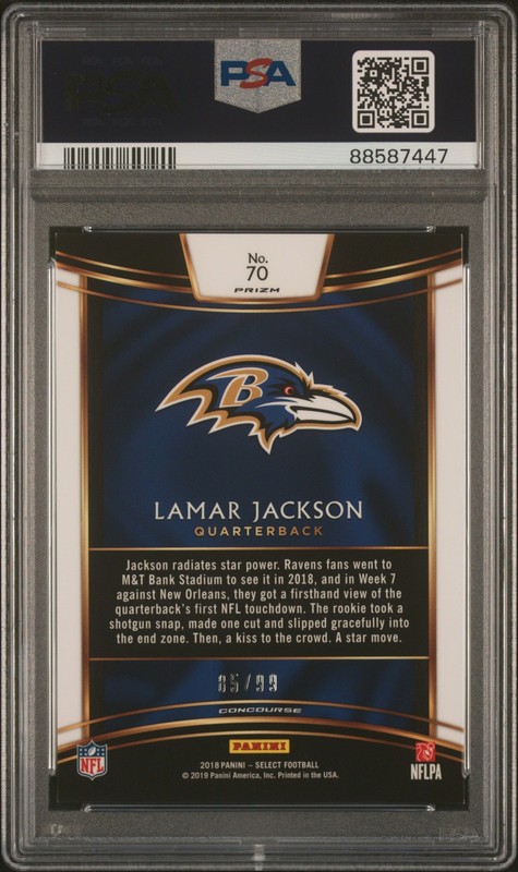 Lamar Jackson 2018 Panini Select Maroon Prizm SP #/99 PSA 9 #70 view 2