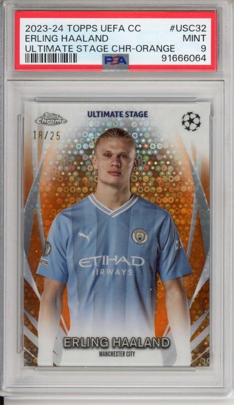 Erling Haaland 2023-24 Topps Chrome UEFA Ultimate Stage Orange 18/25 PSA 9