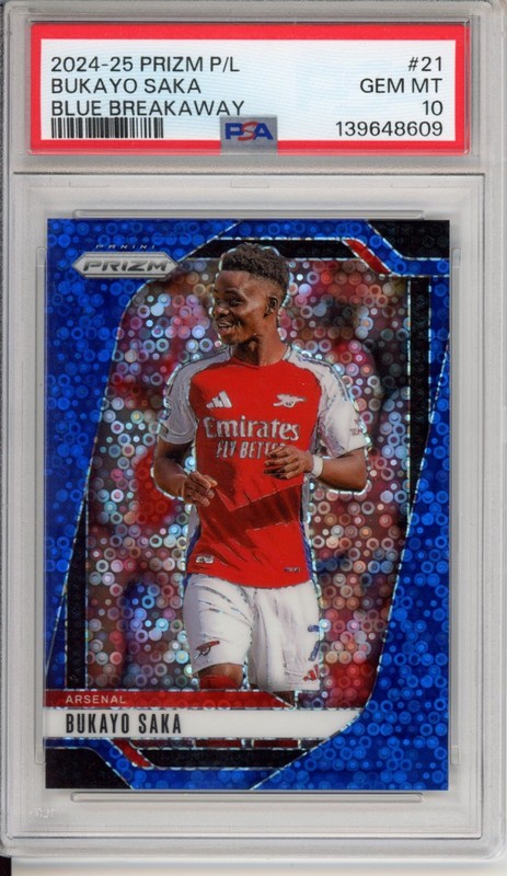 Bukayo Saka 2024-25 Panini Prizm Premier League Blue Breakaway 64/99 PSA 10