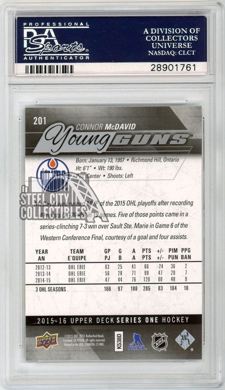 Connor McDavid 2015-16 Upper Deck Series 1 Young Guns Rookie Card #201 PSA 10 view 2