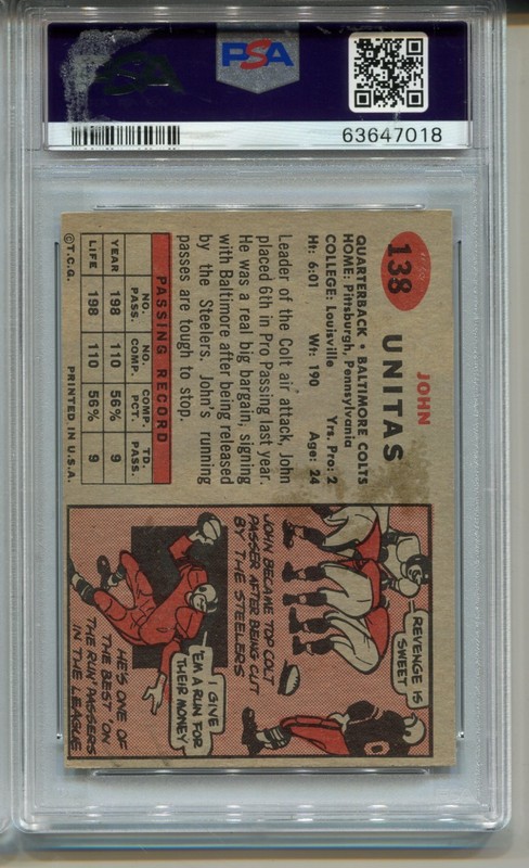 1957 Topps Football #138 Johnny Unitas Rookie Card Graded PSA 5 Ex Colts view 2