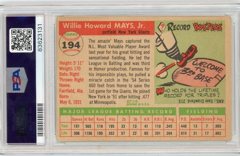 1955 Topps Set-Break #194 Willie Mays PSA 1.5 FAIR HOF view 2