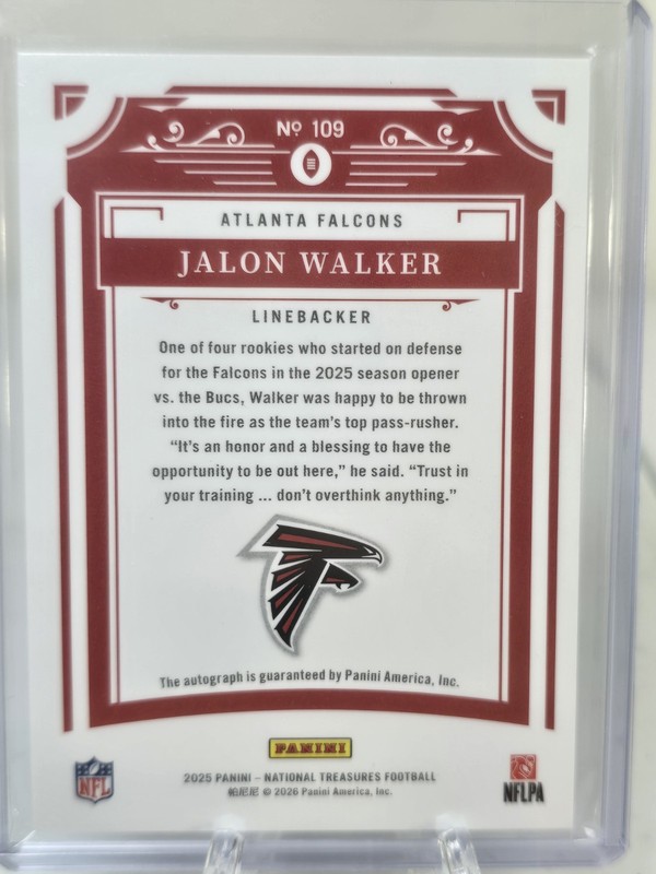 2025 Panini National Treasures Jalon Walker Rookie Signature 07/49 Auto Falcons view 2