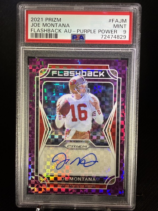 2021 Prizm Football Joe Montana Flashback Auto Purple Power /25 PSA 9