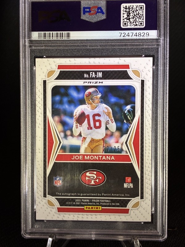 2021 Prizm Football Joe Montana Flashback Auto Purple Power /25 PSA 9 view 2