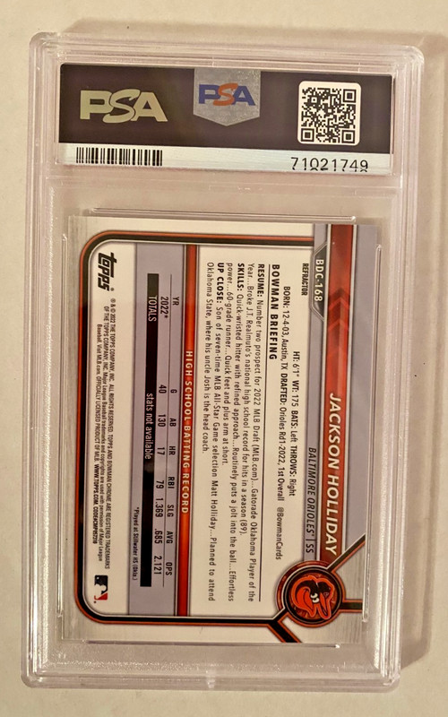 2022 Bowman Draft Chrome 1st Jackson Holliday Refractor #BDC-168 Orioles PSA 10 view 2