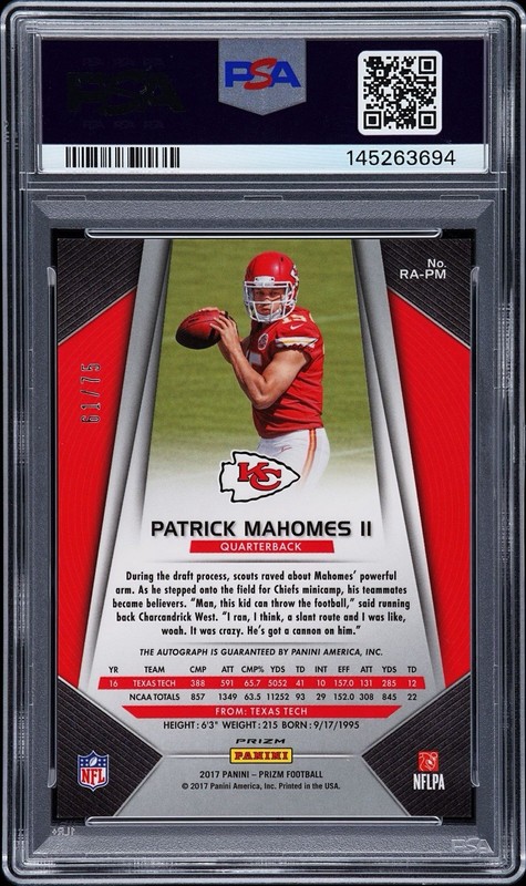 2017 PANINI PRIZM PATRICK MAHOMES II RKE.AU-PURPLE CRYSTALS #/75 - PSA 9 AUTO 10 view 2