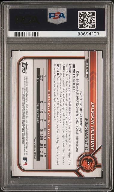 Jackson Holliday PSA 10 1st Edition Sky Blue 2022 1st Bowman Draft Baltimore view 2